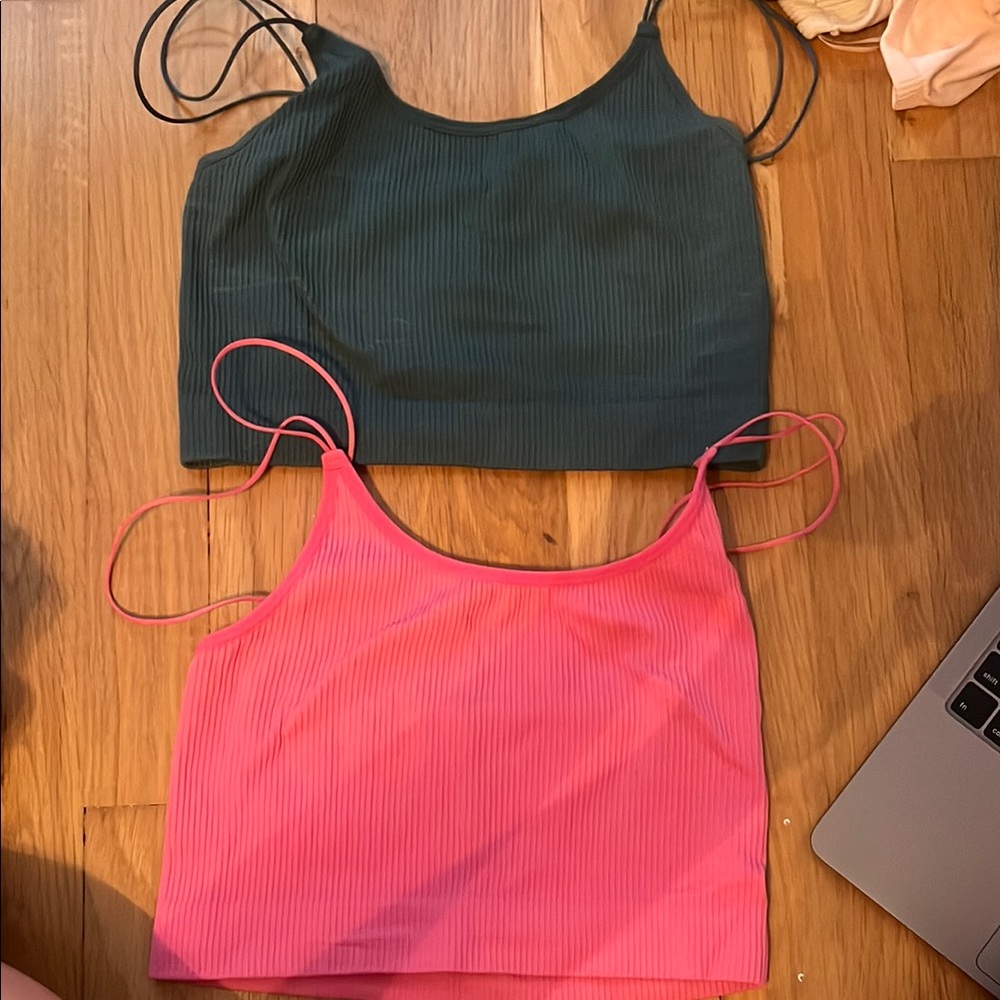 Aritzia Green and Pink Fitted Crop Camisoles (both included)
